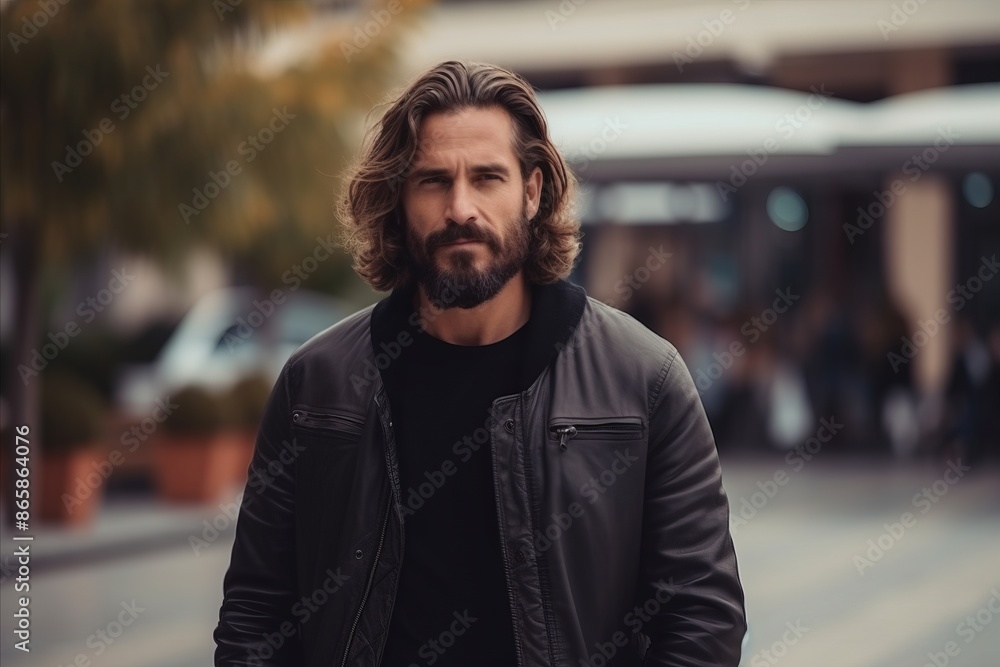 Fototapeta premium Handsome man with long hair and beard wearing a black leather jacket in an urban context