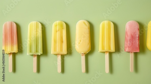 Ice cream popsicles on light yellow and green backdrop photo