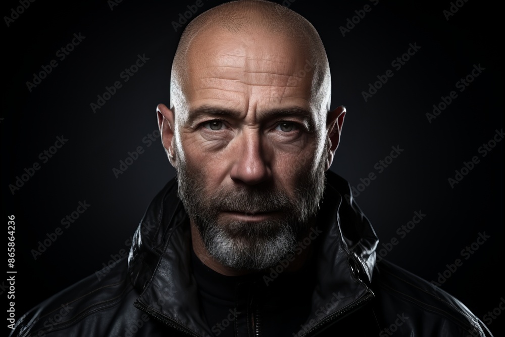 Portrait of an old man in a leather jacket on a dark background. Portrait of an old man in a leather jacket on a dark background.