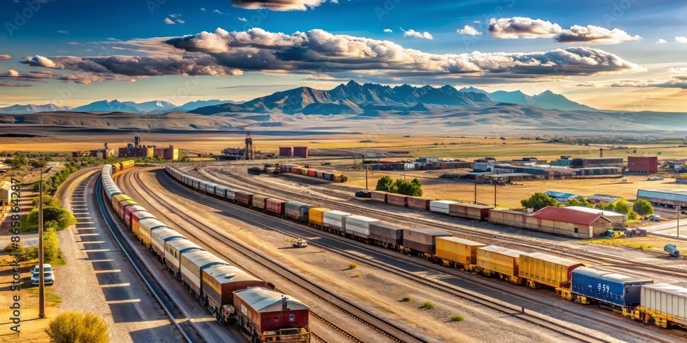 Fototapeta premium Railcars stretch across the yard as a freight train pulls into Laramie's busy rail terminal, surrounded by vast Wyoming plains and distant mountain ranges.