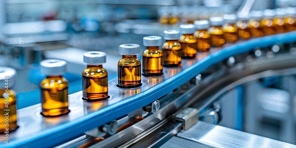 Pharmaceutical company produces medical vials on production line. Concept Manufacturing Process, Medical Devices, Quality Control, Production Efficiency, Pharmaceutical Industry Pharmaceutical company produces medical vials on production line. Concept Manufacturing Process, Medical Devices, Quality Control, Production Efficiency, Pharmaceutical Industry