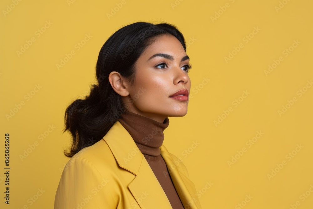 Portrait of beautiful asian woman in yellow jacket and scarf on yellow background Portrait of beautiful asian woman in yellow jacket and scarf on yellow background
