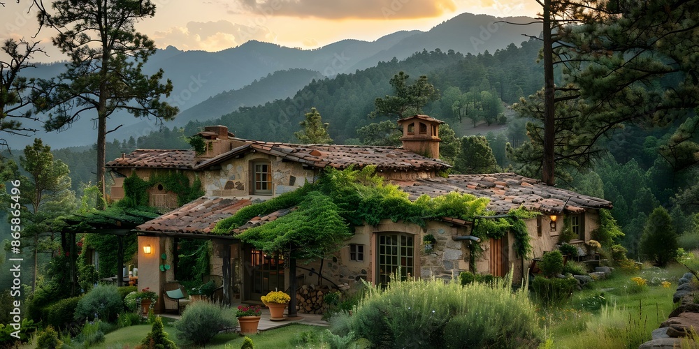 Naklejka premium Secluded mountain retreat with rustic architecture lush greenery and scenic views. Concept Mountain Getaway, Rustic Architecture, Lush Greenery, Scenic Views