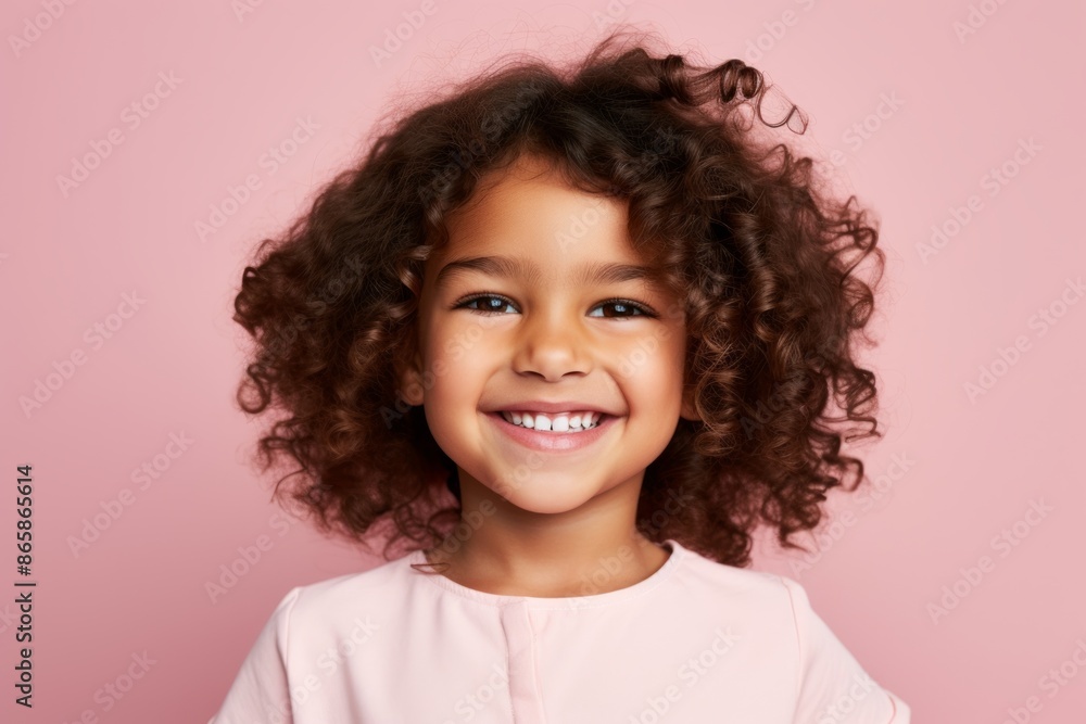 Portrait of a smiling little girl with curly hair against pink background Portrait of a smiling little girl with curly hair against pink background