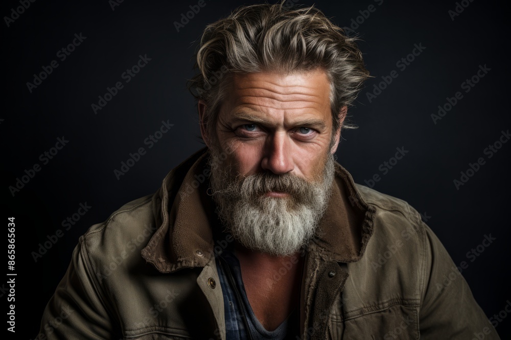 Portrait of a handsome mature man with long gray beard and mustache. Studio shot on black background. Portrait of a handsome mature man with long gray beard and mustache. Studio shot on black background.