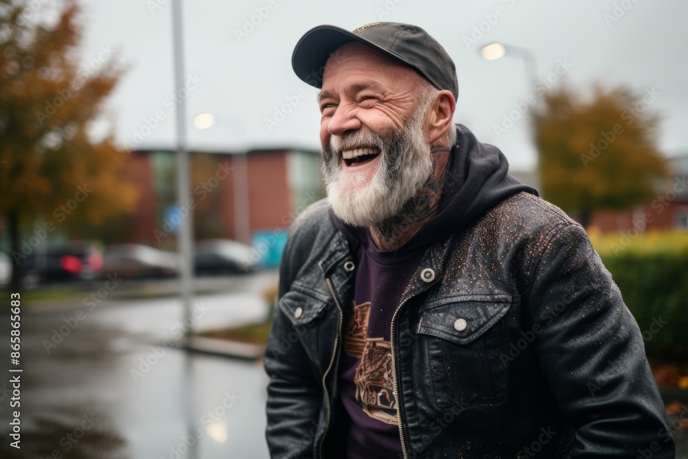 Portrait of a smiling senior man in a cap and leather jacket Portrait of a smiling senior man in a cap and leather jacket