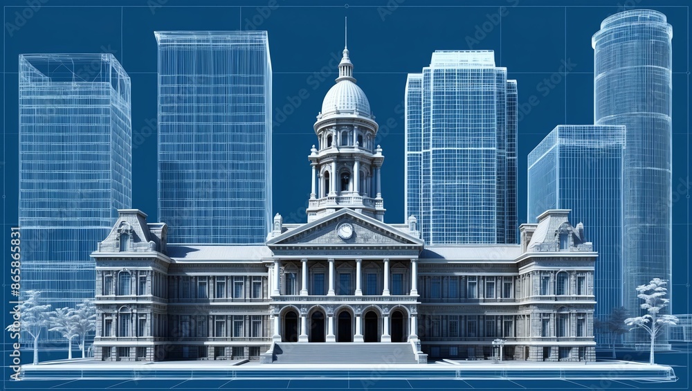 Obraz premium 3d wireframe render of a city hall architecture abstra background