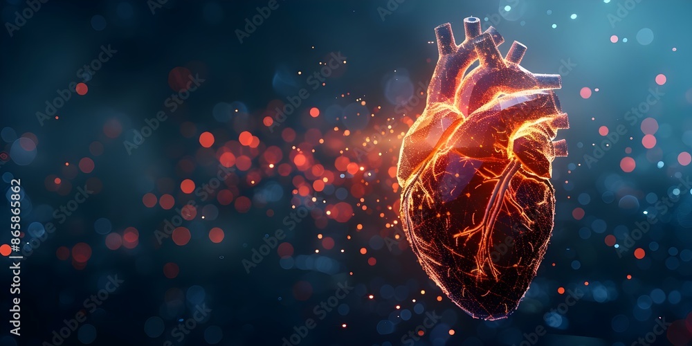 Low poly 3D model of a healthy heart with glowing dots. Concept 3D Modeling, Low Poly Design, Health and Wellness, Anatomical Heart, Glowing Dots Low poly 3D model of a healthy heart with glowing dots. Concept 3D Modeling, Low Poly Design, Health and Wellness, Anatomical Heart, Glowing Dots