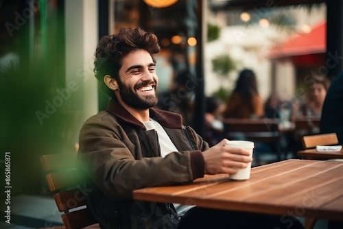 Handsome young man drinking coffee in a cafe  laughing.