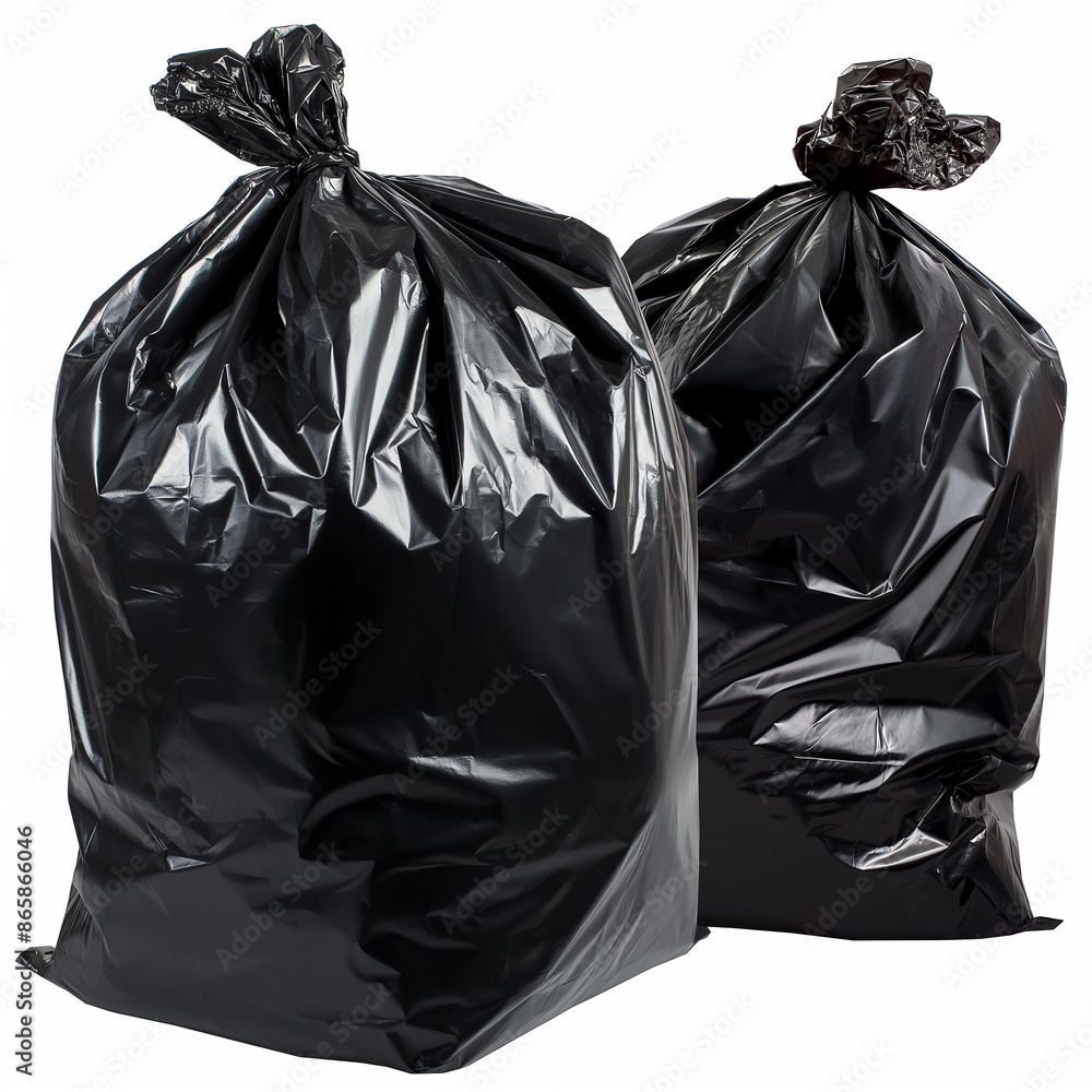 Two large black garbage bags filled and tied Two large black garbage bags filled and tied
