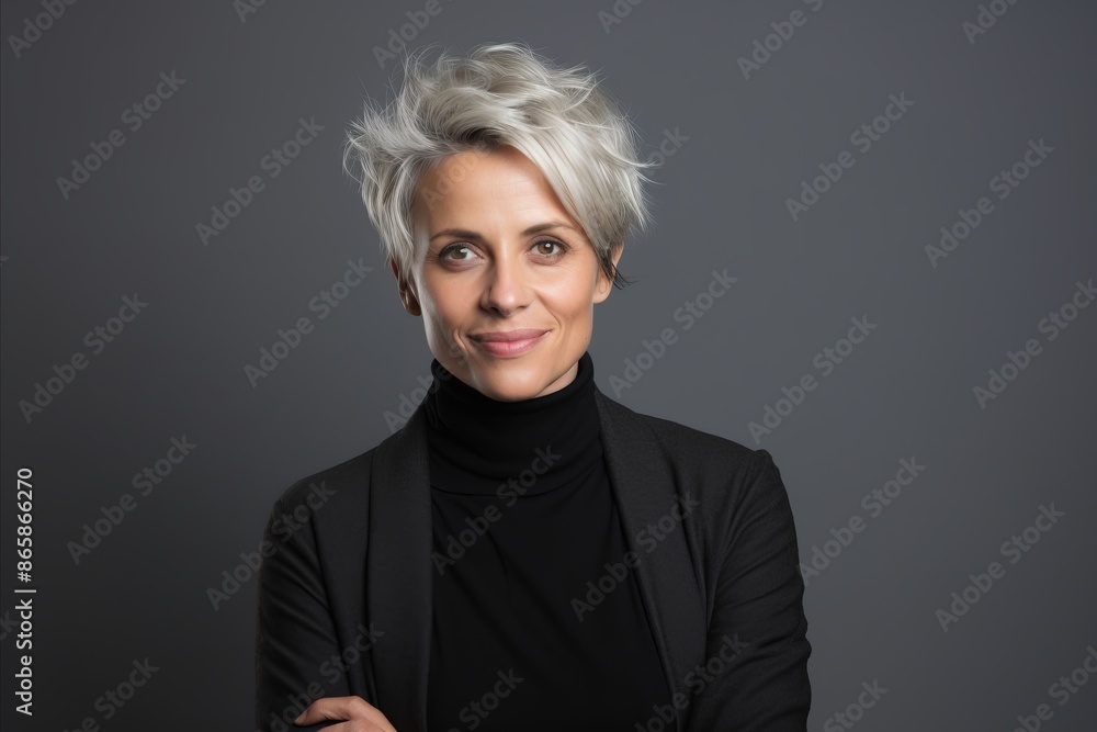 Portrait of a beautiful mature woman with short blond hair looking at the camera over grey background Portrait of a beautiful mature woman with short blond hair looking at the camera over grey background