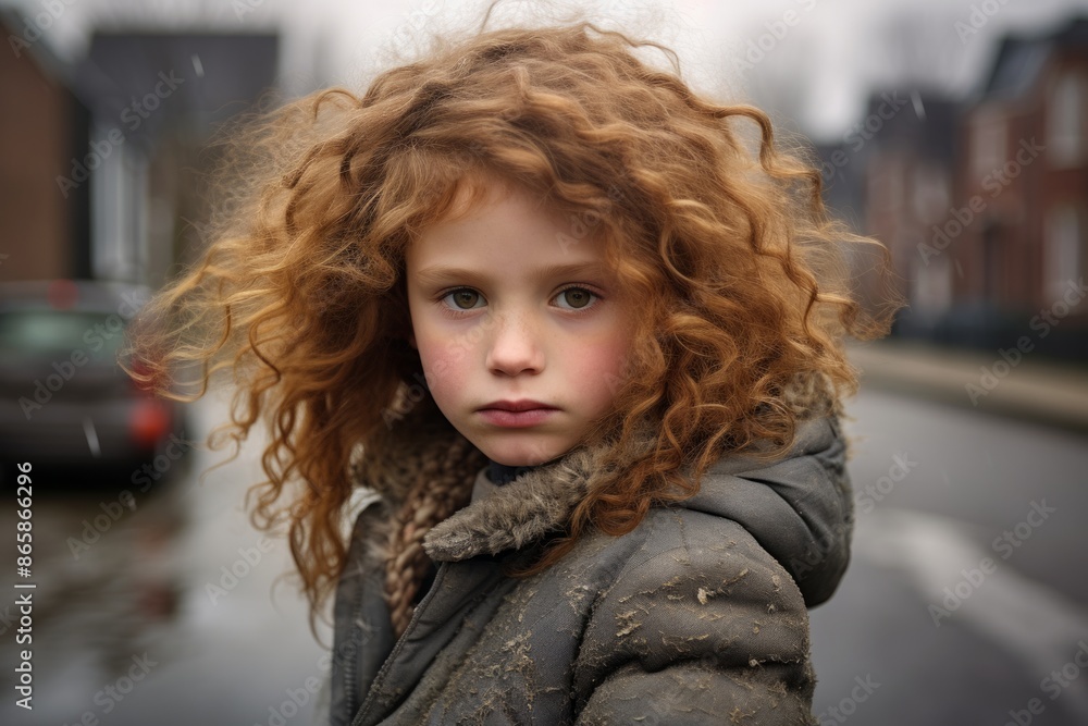 Portrait of a red-haired girl with curly hair on the street Portrait of a red-haired girl with curly hair on the street