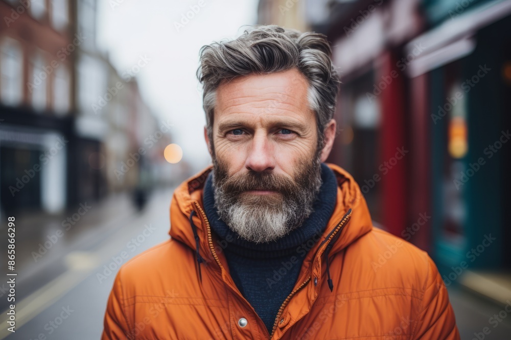 Portrait of a handsome bearded man in an orange jacket in the city Portrait of a handsome bearded man in an orange jacket in the city
