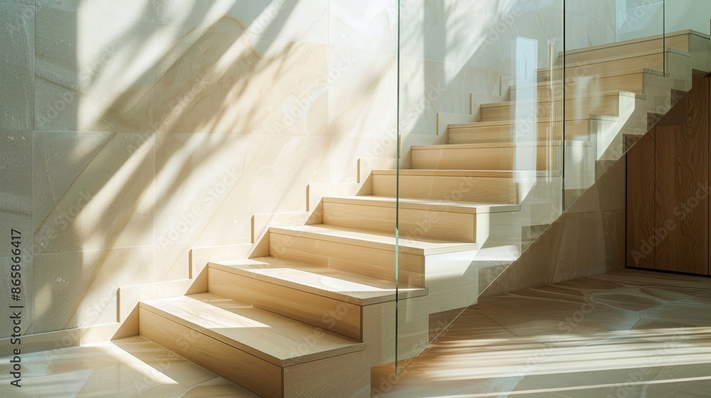Homey atmosphere with a wooden staircase encased in glass, soft light casting gentle shadows on beige stone steps Homey atmosphere with a wooden staircase encased in glass, soft light casting gentle shadows on beige stone steps