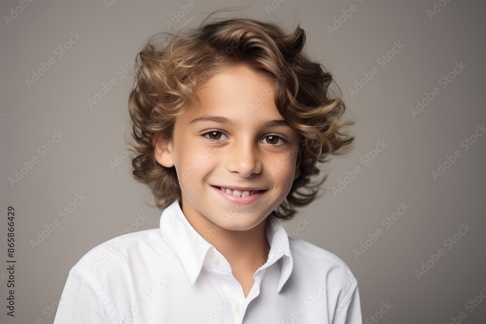Portrait of a cute little boy with curly hair over gray background Portrait of a cute little boy with curly hair over gray background