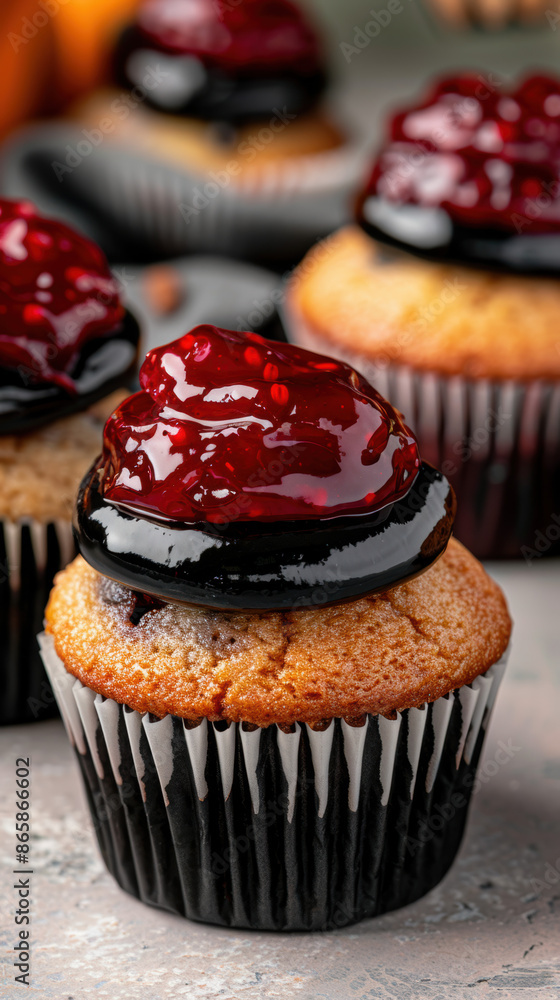 A cupcake with a black frosting and red jelly on top A cupcake with a black frosting and red jelly on top