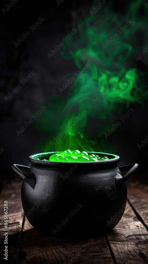 A black pot with green liquid inside A black pot with green liquid inside