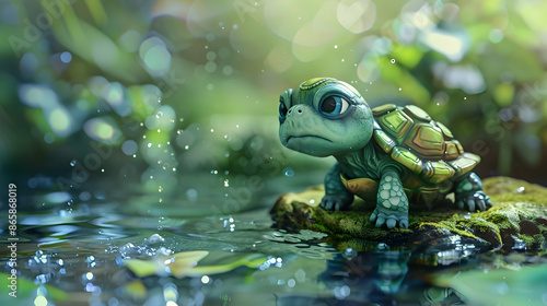 a toy turtle sits on a rock in the water © nAufAl