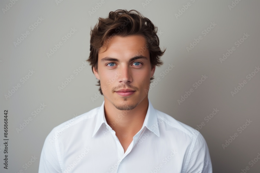 Portrait of a handsome young man in white shirt on grey background Portrait of a handsome young man in white shirt on grey background