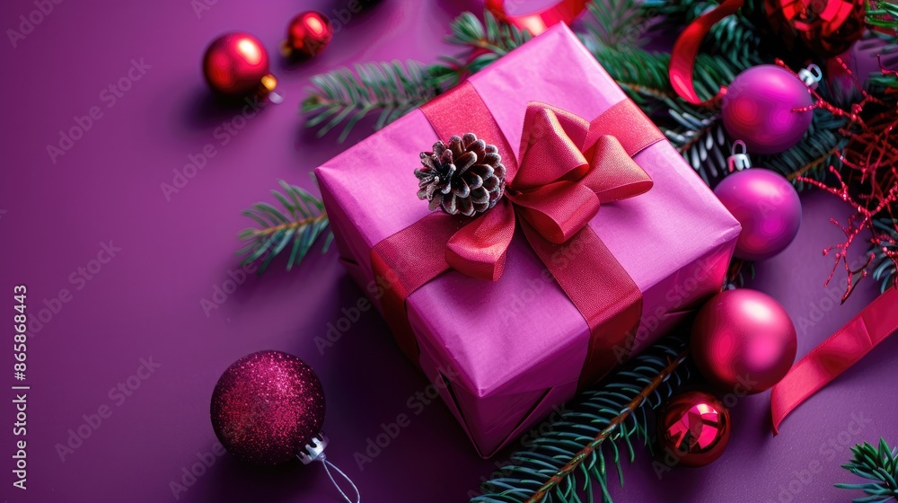 Festive gift box with ribbon and decorations on purple background for seasonal celebrations and sales Festive gift box with ribbon and decorations on purple background for seasonal celebrations and sales