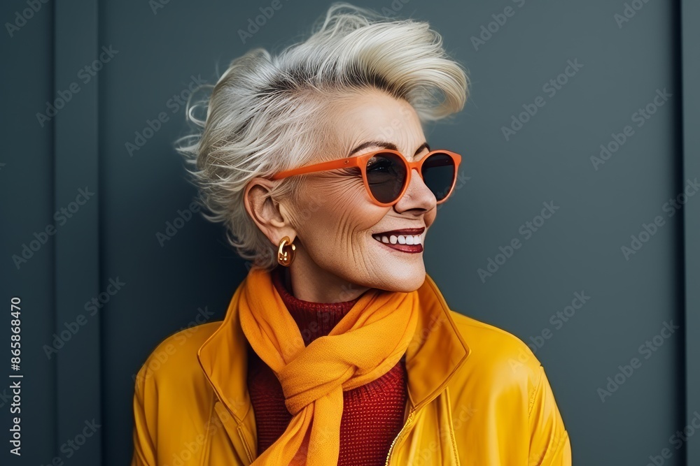Portrait of a happy senior woman in yellow jacket and orange sunglasses Portrait of a happy senior woman in yellow jacket and orange sunglasses
