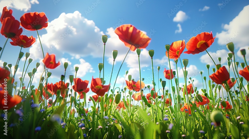 Obraz premium corn poppy flowers on grassland, in a 3d cartoon style