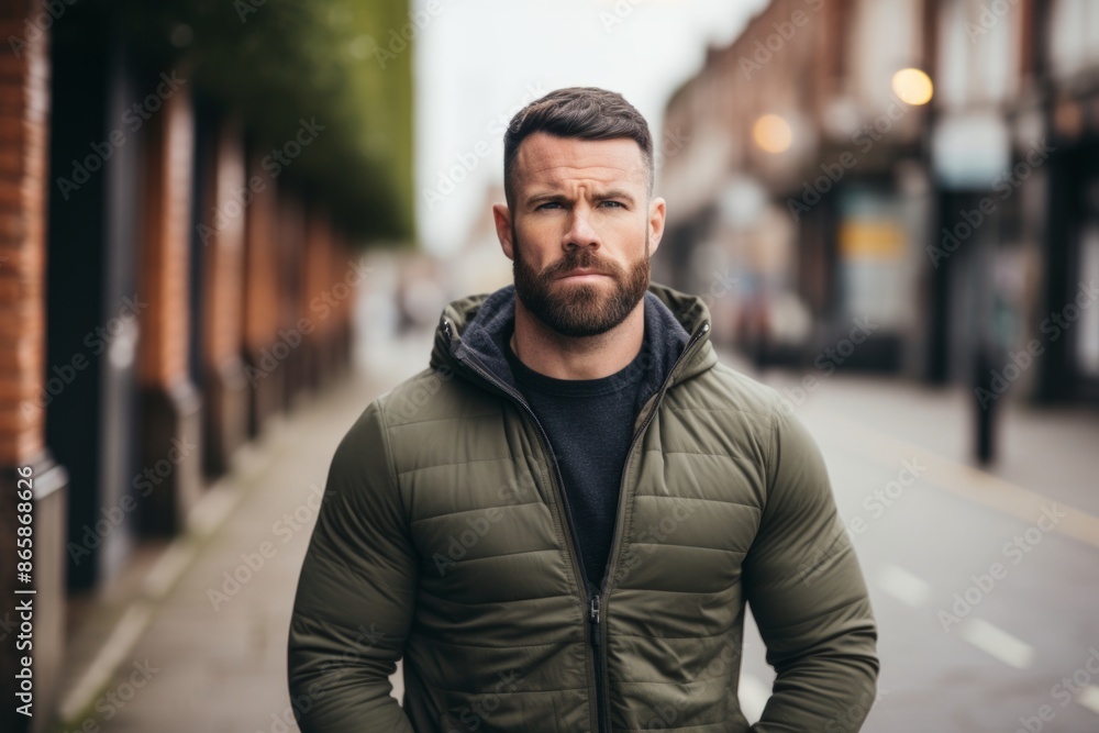 Handsome bearded man in a green jacket is standing on a city street. Handsome bearded man in a green jacket is standing on a city street.