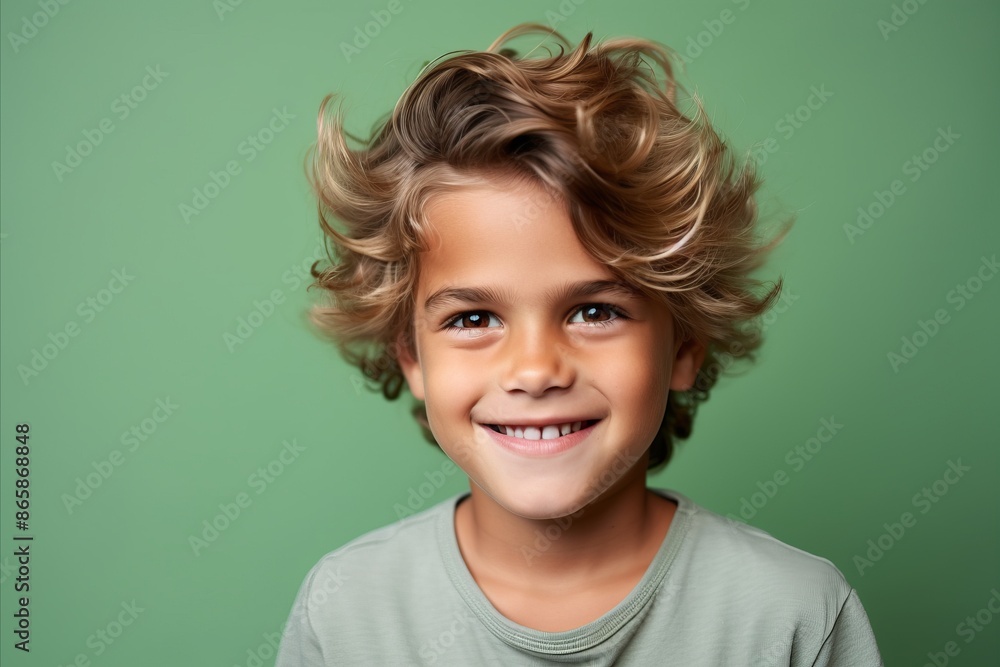 Portrait of a smiling little boy with blond curly hair against green background Portrait of a smiling little boy with blond curly hair against green background