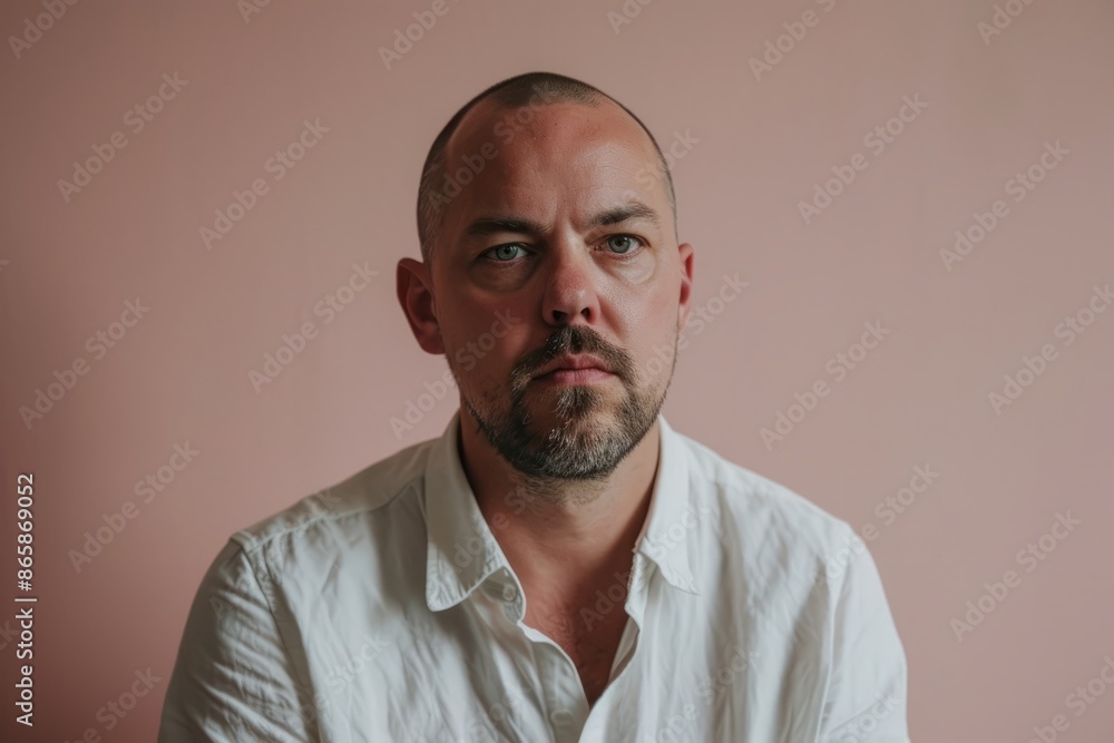 Fototapeta premium Portrait of a man in a white shirt on a pink background
