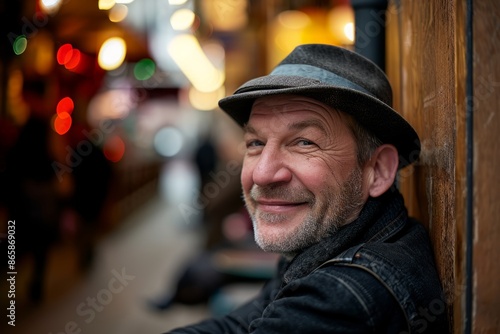 Portrait of an elderly man in a hat in the city.
