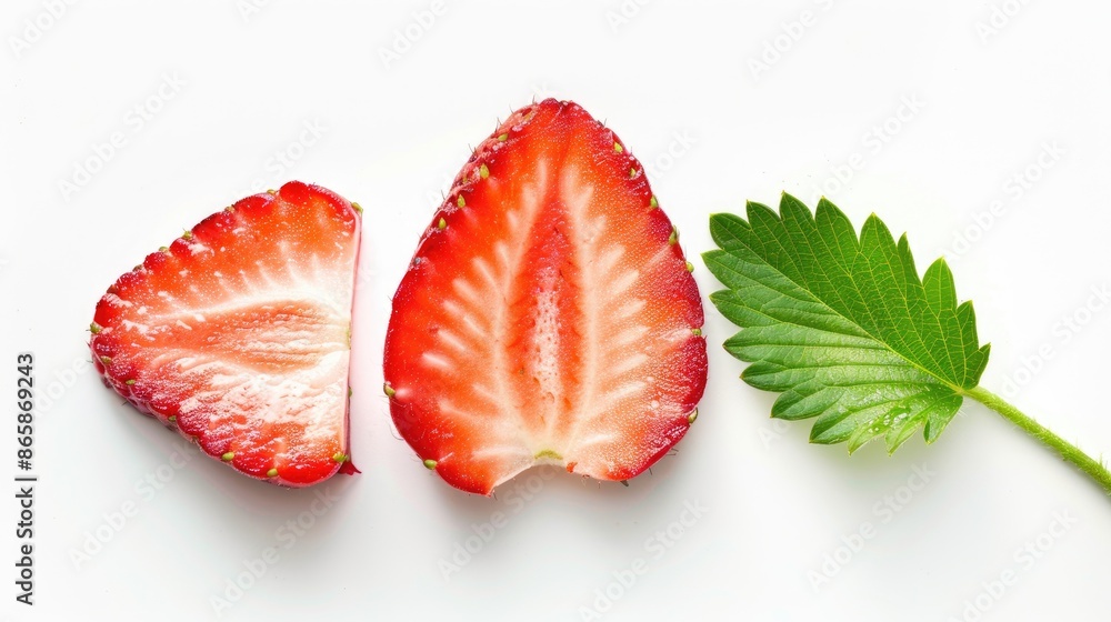 Fresh organic strawberry half with leaves isolated on white background Fresh organic strawberry half with leaves isolated on white background