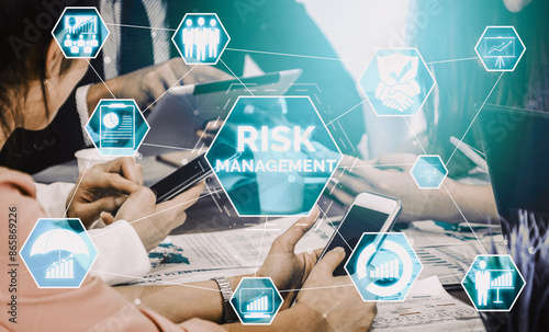 Risk Management and Assessment for Business Investment Concept. Modern interface showing symbols of strategy in risky plan analysis to control unpredictable loss and build financial safety. uds photo