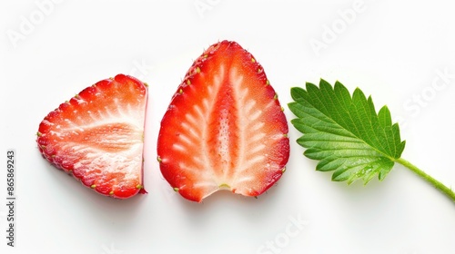 Fresh organic strawberry half with leaves isolated on white background