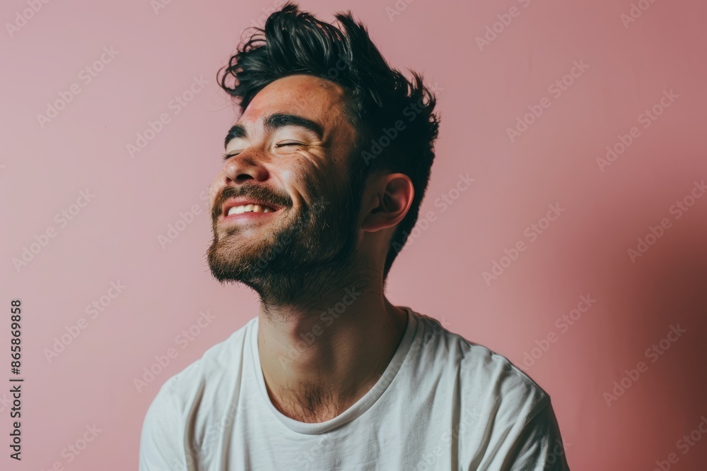 Fototapeta premium young handsome bearded hipster man in white shirt smiling on pink background