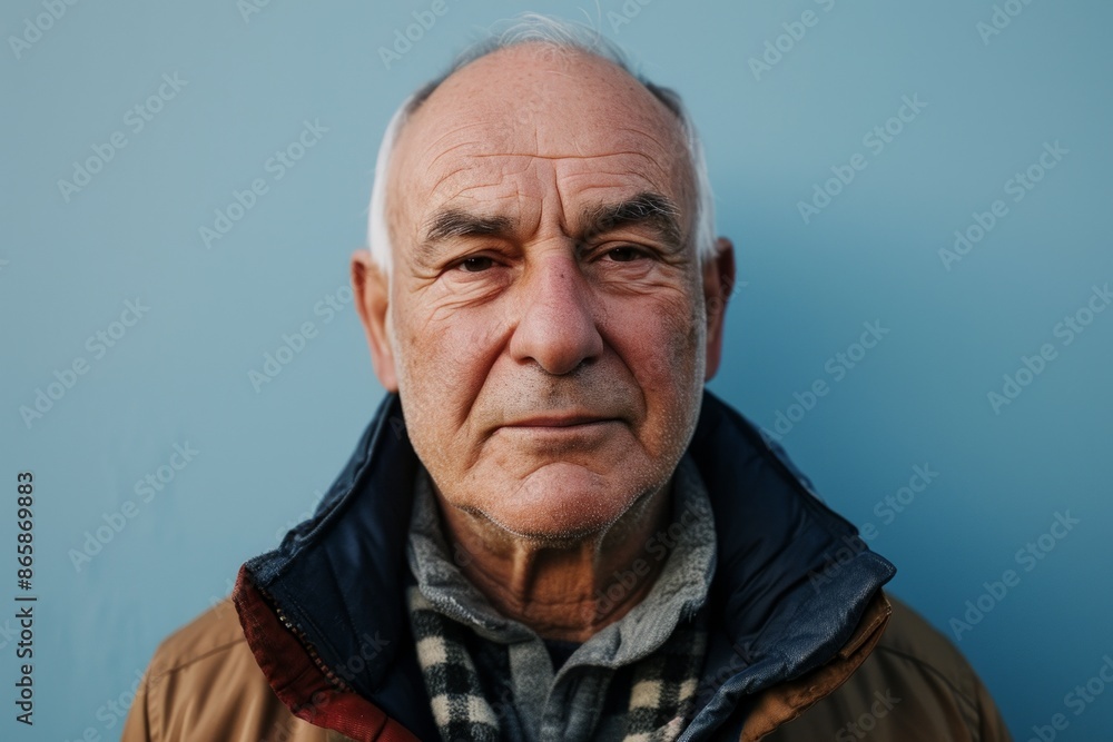 Obraz premium Portrait of an elderly man on a blue background. Elderly people.