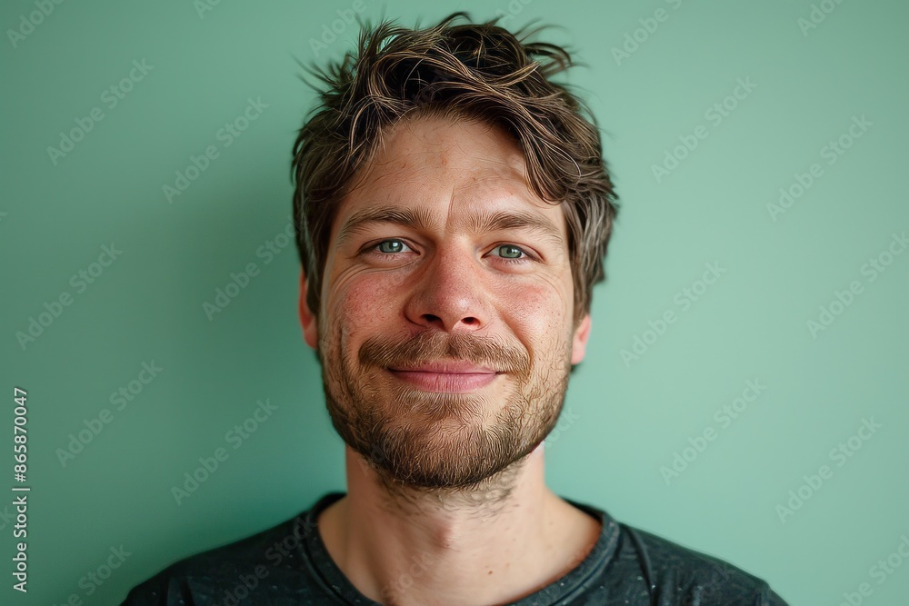 Obraz premium Portrait of a man with a beard on a green background.