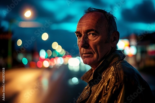 Portrait of an elderly man on the background of the night city © Stocknterias