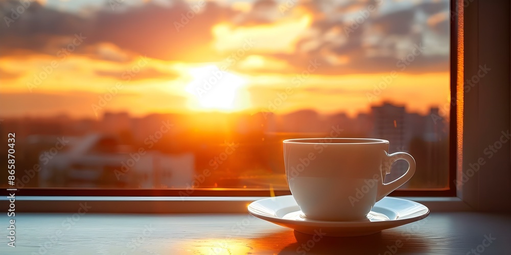 Coffee cup on saucer with sunset view from window. Concept Coffee, Cup, Saucer, Sunset View, Window Coffee cup on saucer with sunset view from window. Concept Coffee, Cup, Saucer, Sunset View, Window