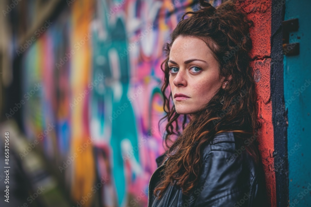 Naklejka premium Portrait of a beautiful young woman with curly red hair in a leather jacket on the background of graffiti wall