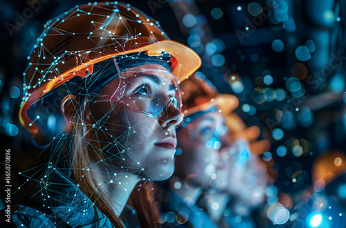 Women in hard hats installing network lines.