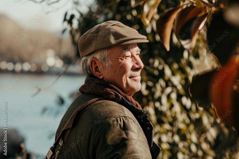 Portrait of an elderly man in a cap on a background of autumn trees. Portrait of an elderly man in a cap on a background of autumn trees.