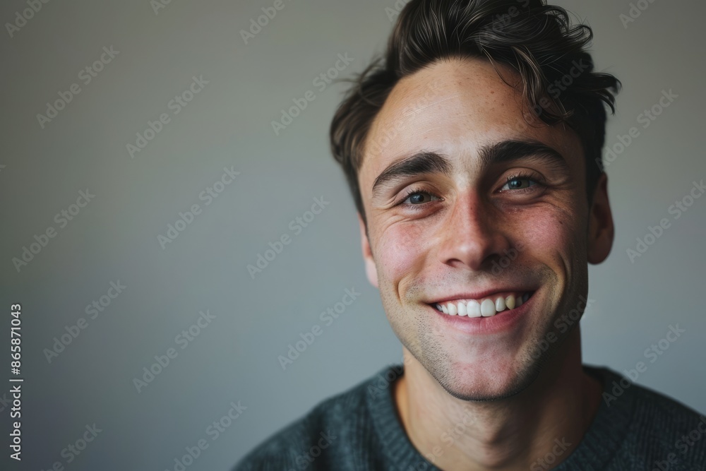 Portrait of a handsome young man in a grey sweater smiling. Portrait of a handsome young man in a grey sweater smiling.
