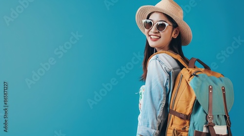 Smiling Woman in a Straw Hat with a Backpack © Koplexs-Stock