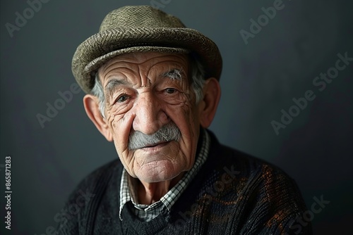 Portrait of an old man with a mustache and a hat.