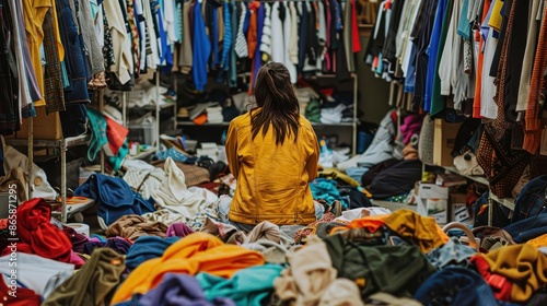 overwhelmed person amidst clothing chaos cluttered warehouse setting vibrant fabric textures organizational challenge © furyon