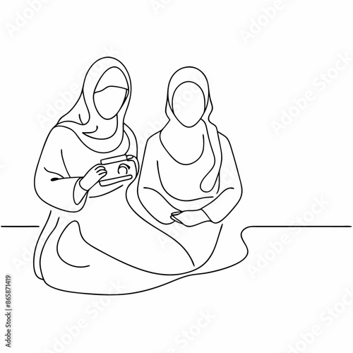 Continuous line draw of pretty happy muslimah with headscarf hold book woman in trendy hijab (12)