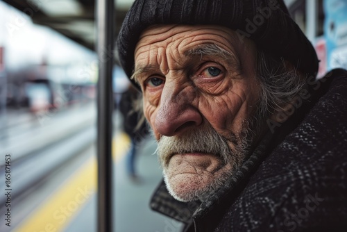 portrait of an old man with a gray beard in the subway © Stocknterias
