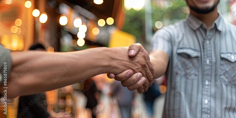 business owner shaking hands with customer business owner shaking hands with customer