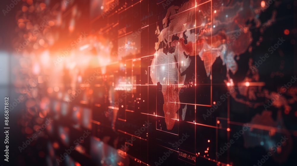 Obraz premium Futuristic digital world map with glowing connections, representing global communication and technology advancements.