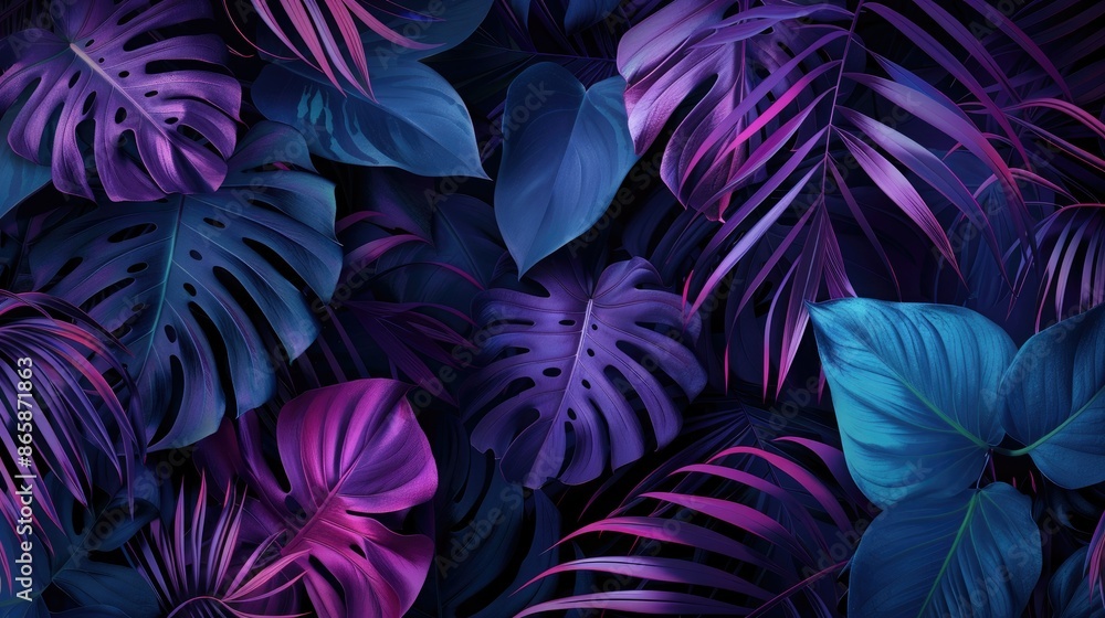 Lush tropical leaves in shades of purple and blue create a dense, vibrant jungle atmosphere Lush tropical leaves in shades of purple and blue create a dense, vibrant jungle atmosphere